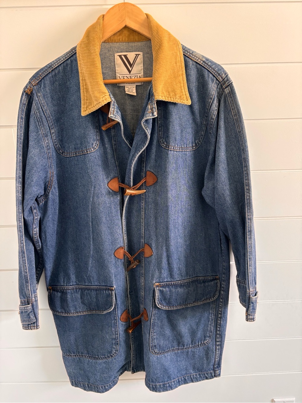 Vintage 90s Venezia Denim Toggle Coat Corduroy Collar Size 14/16